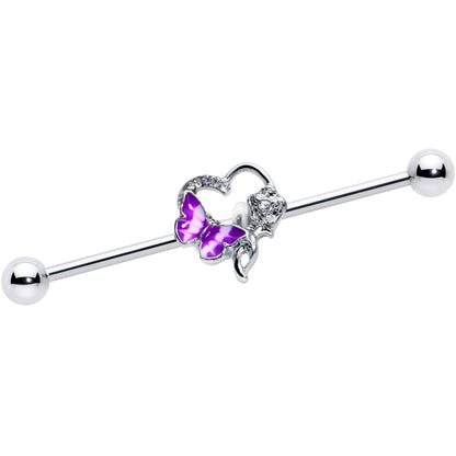 14G Clear Gem Butterfly Rose Flower Purple Industrial Barbell 38mm