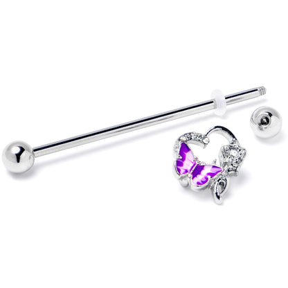 14G Clear Gem Butterfly Rose Flower Purple Industrial Barbell 38mm