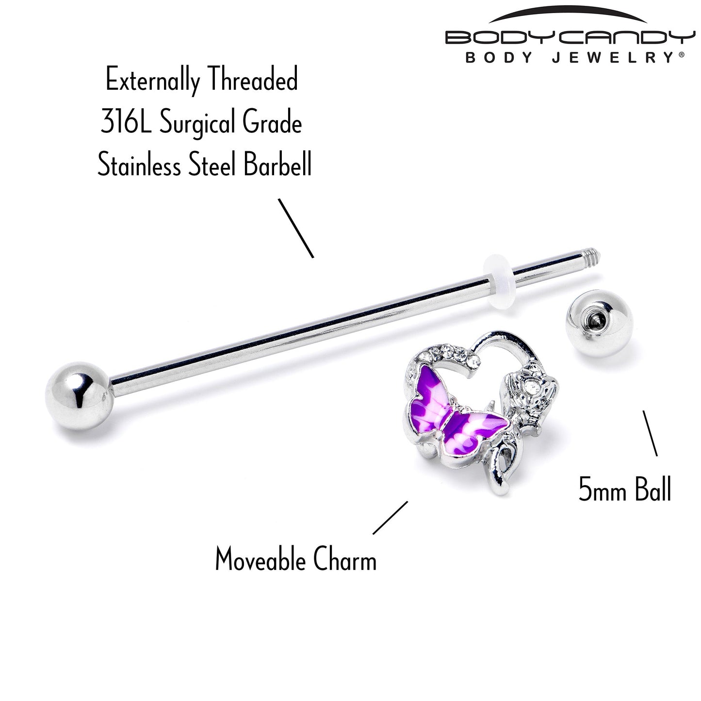 14G Clear Gem Butterfly Rose Flower Purple Industrial Barbell 38mm
