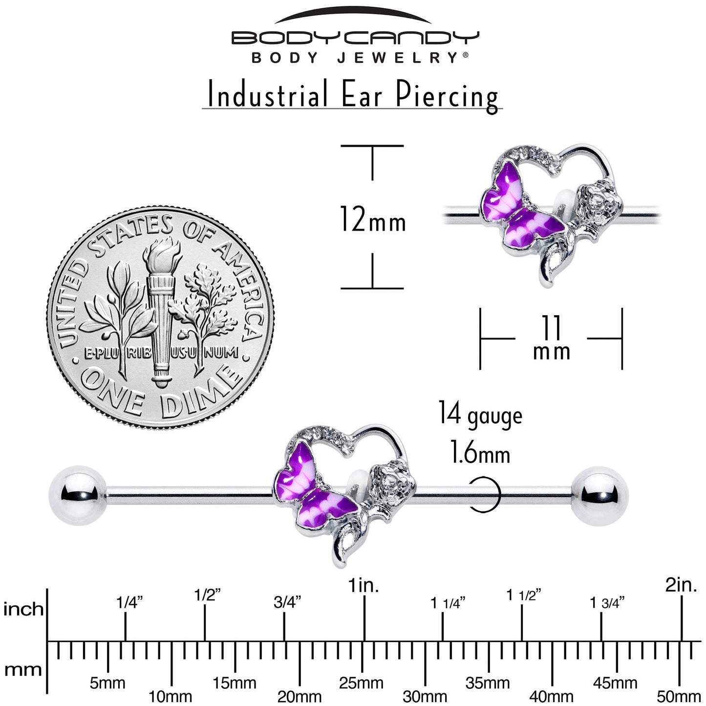 14G Clear Gem Butterfly Rose Flower Purple Industrial Barbell 38mm
