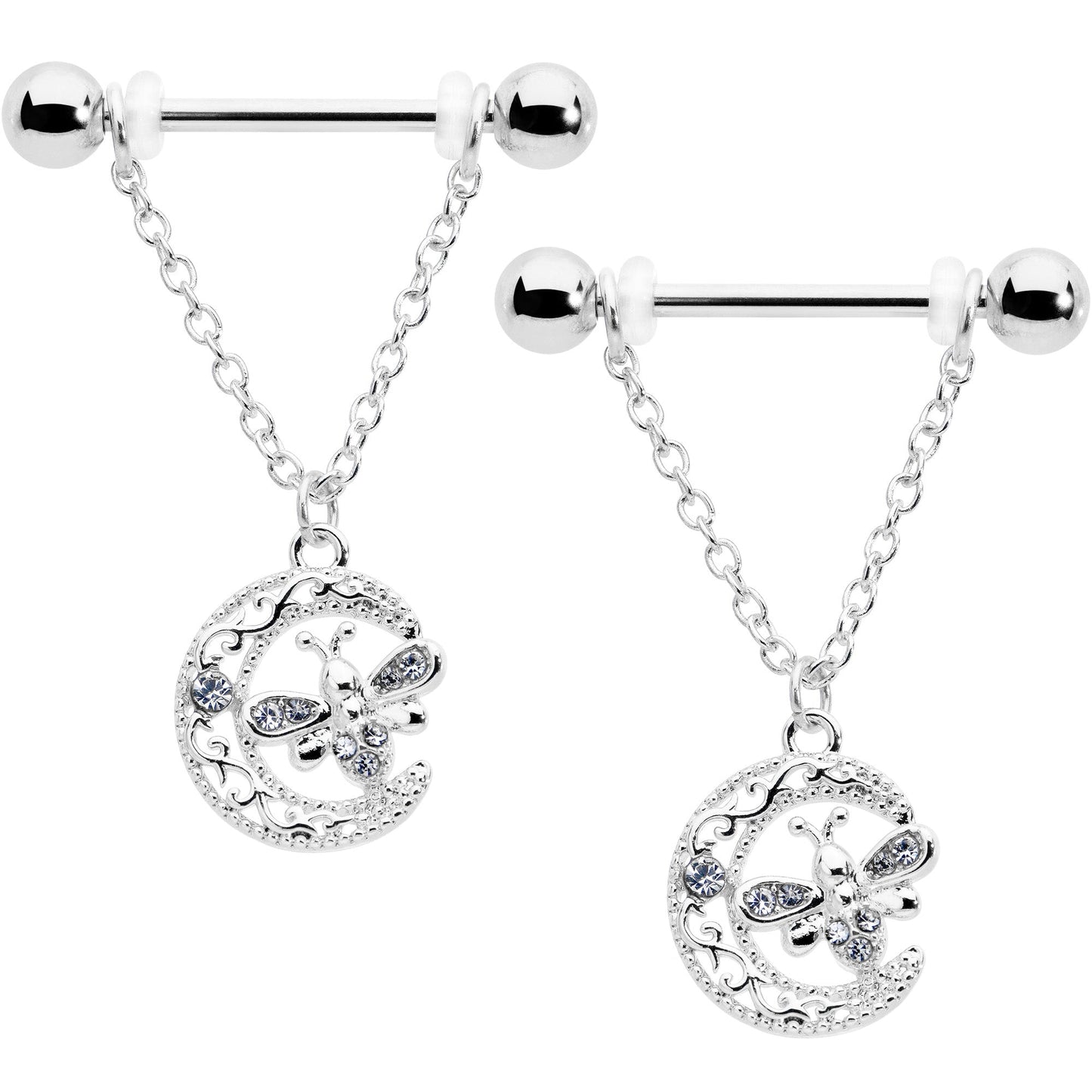 14G 9/16 Clear Gem Lunar Dragonfly Chain Dangle Nipple Ring Set