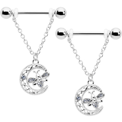 14G 9/16 Clear Gem Lunar Dragonfly Chain Dangle Nipple Ring Set