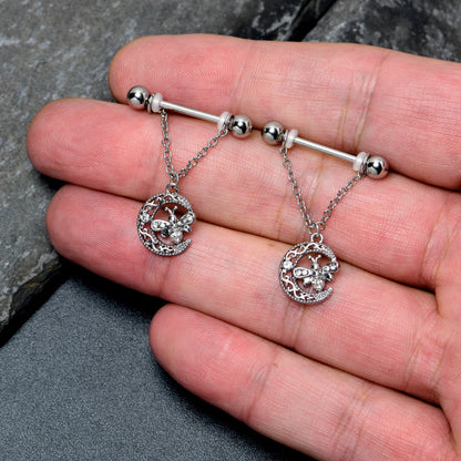 14G 9/16 Clear Gem Lunar Dragonfly Chain Dangle Nipple Ring Set