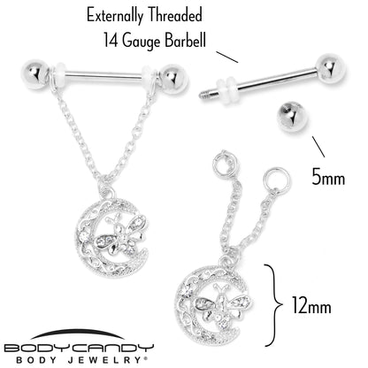 14G 9/16 Clear Gem Lunar Dragonfly Chain Dangle Nipple Ring Set