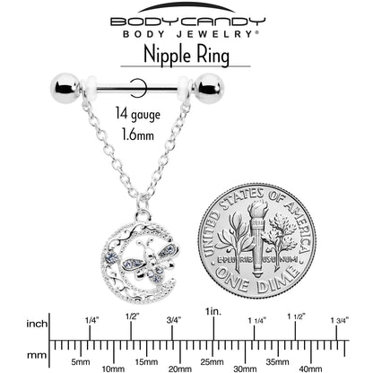14G 9/16 Clear Gem Lunar Dragonfly Chain Dangle Nipple Ring Set