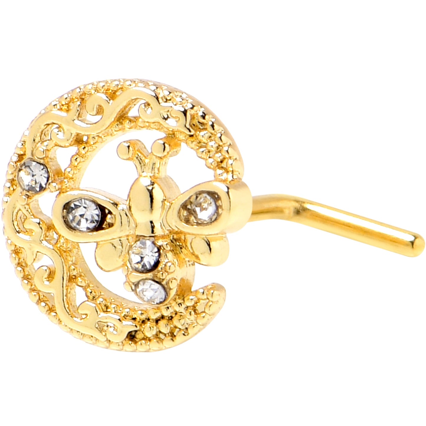 20G 7mm Clear Gem Gold Tone Lunar Dragonfly L Shape Nose Ring
