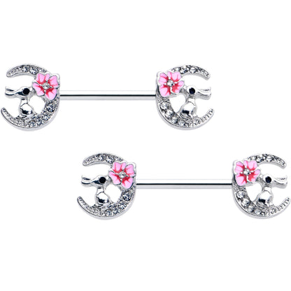 14G 9/16 Clear Gem Rabbit On Moon Flower Pink Nipple Ring Set