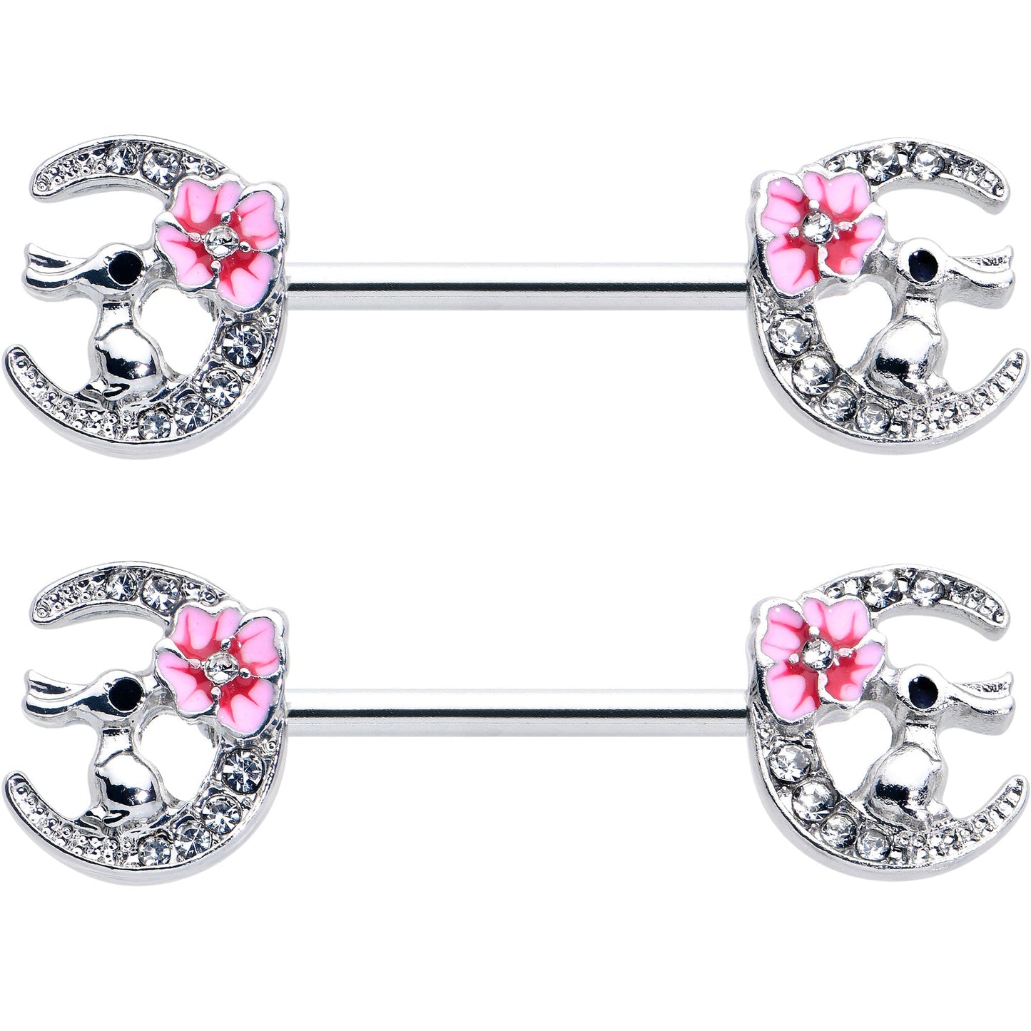14G 9/16 Clear Gem Rabbit On Moon Flower Pink Nipple Ring Set