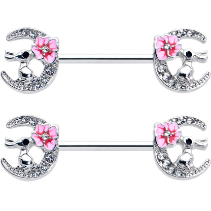 14G 9/16 Clear Gem Rabbit On Moon Flower Pink Nipple Ring Set