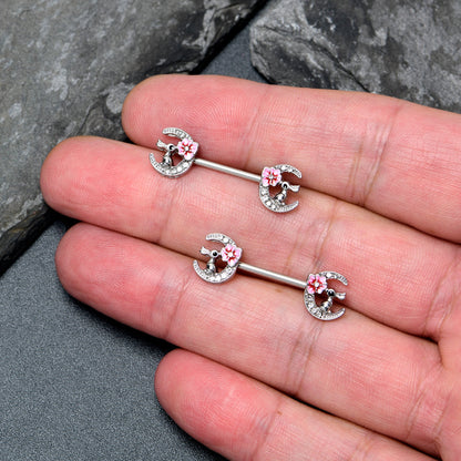 14G 9/16 Clear Gem Rabbit On Moon Flower Pink Nipple Ring Set