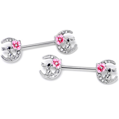 14G 9/16 Clear Gem Rabbit On Moon Flower Pink Nipple Ring Set