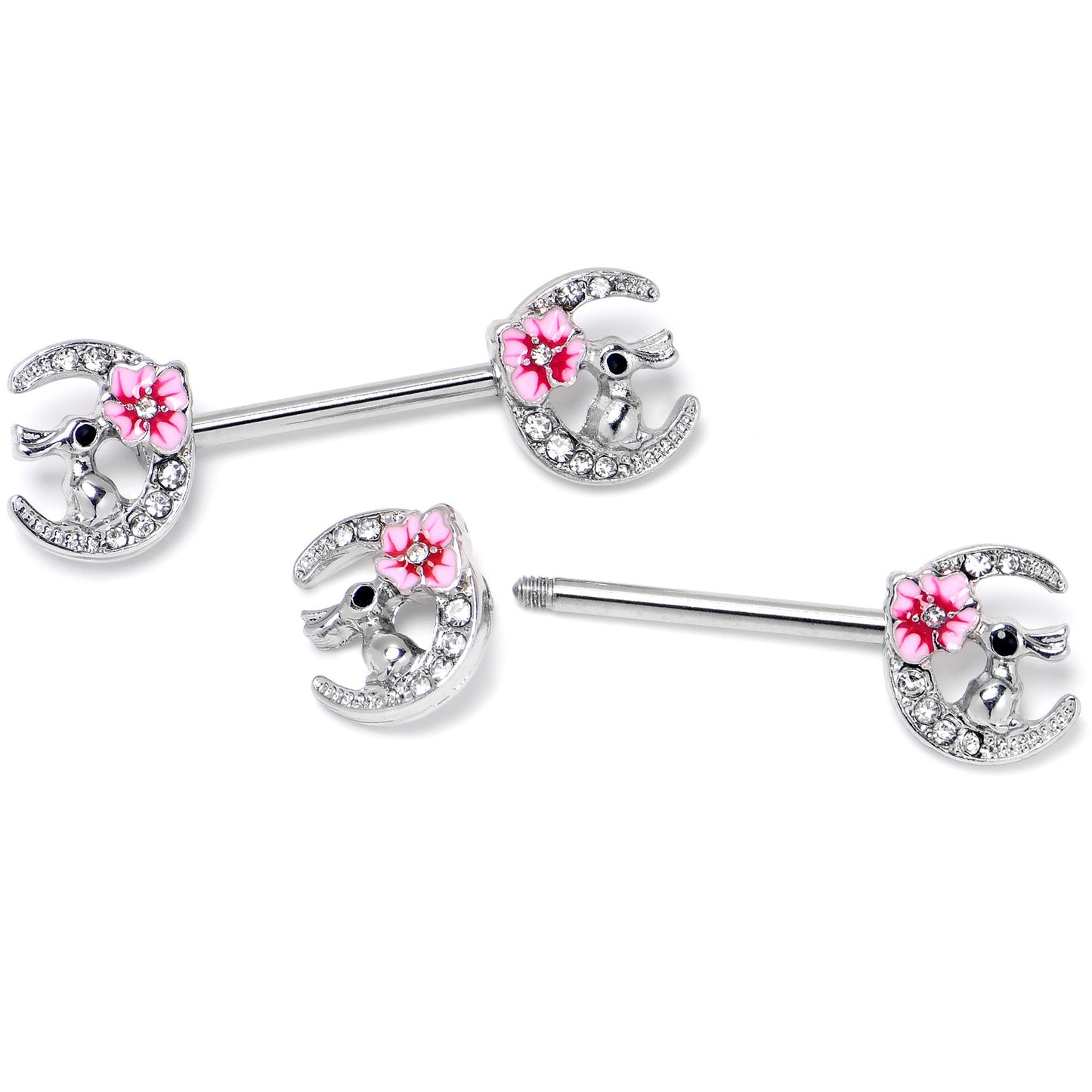 14G 9/16 Clear Gem Rabbit On Moon Flower Pink Nipple Ring Set