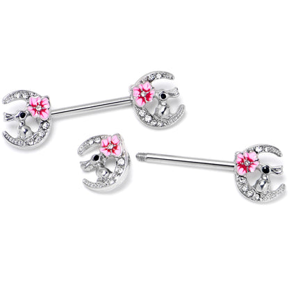 14G 9/16 Clear Gem Rabbit On Moon Flower Pink Nipple Ring Set
