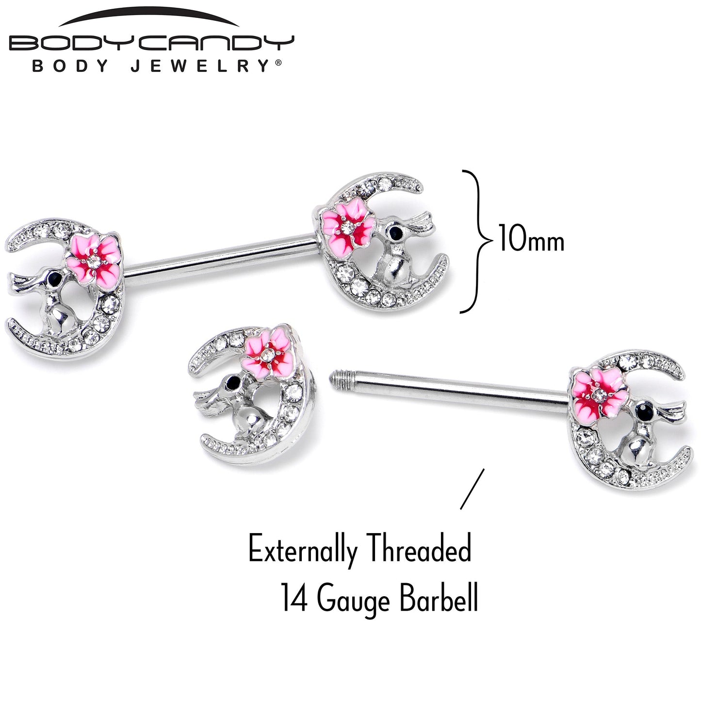 14G 9/16 Clear Gem Rabbit On Moon Flower Pink Nipple Ring Set