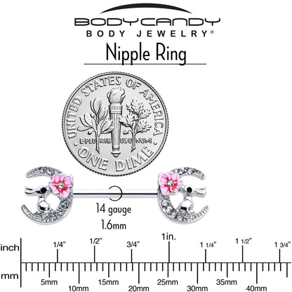 14G 9/16 Clear Gem Rabbit On Moon Flower Pink Nipple Ring Set