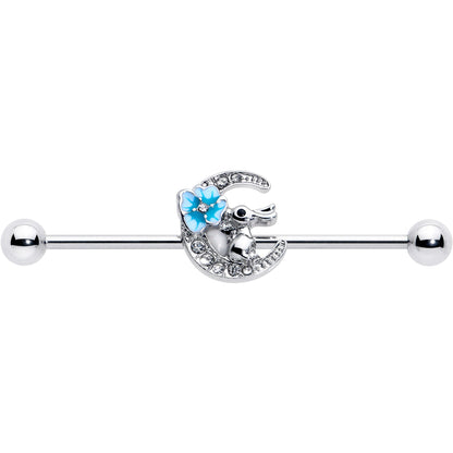 14G Clear Gem Rabbit On Moon Flower Blue Industrial Barbell 38mm