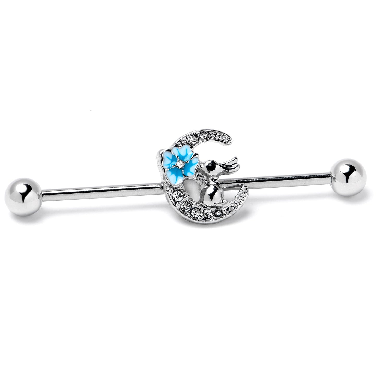 14G Clear Gem Rabbit On Moon Flower Blue Industrial Barbell 38mm