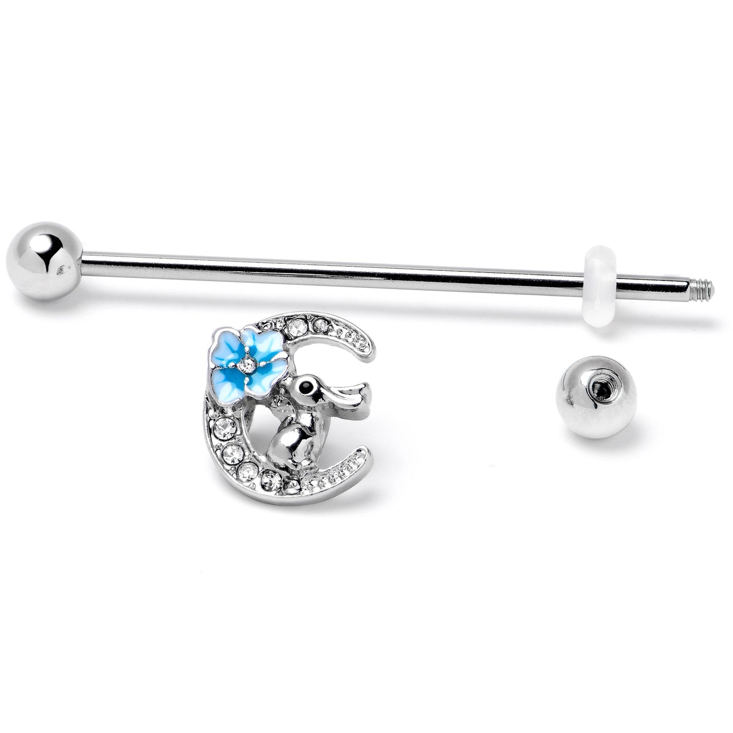 14G Clear Gem Rabbit On Moon Flower Blue Industrial Barbell 38mm