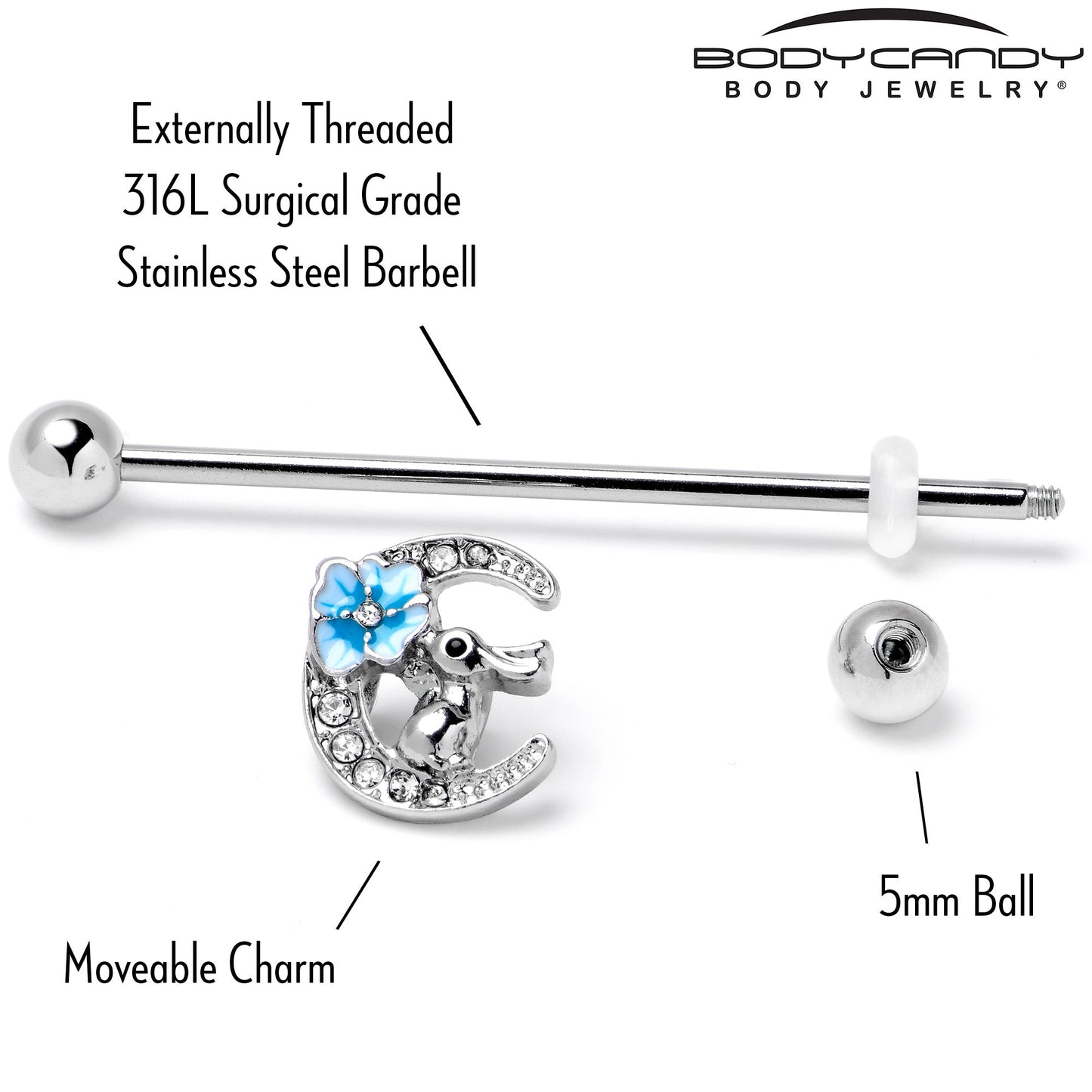 14G Clear Gem Rabbit On Moon Flower Blue Industrial Barbell 38mm