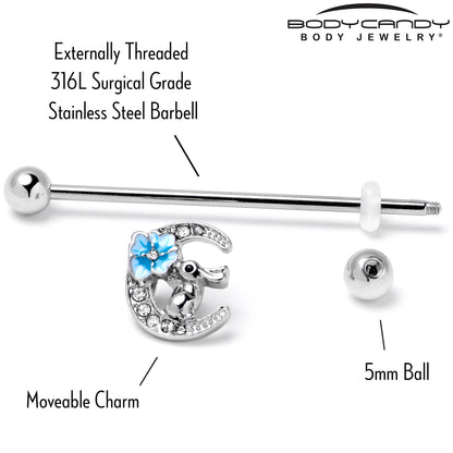 14G Clear Gem Rabbit On Moon Flower Blue Industrial Barbell 38mm