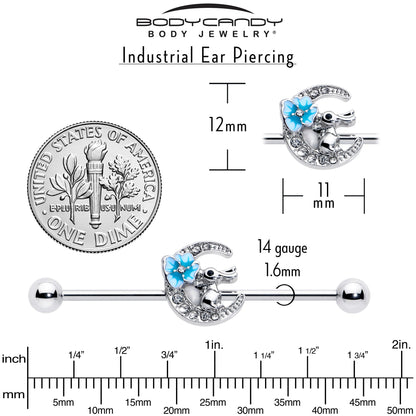 14G Clear Gem Rabbit On Moon Flower Blue Industrial Barbell 38mm