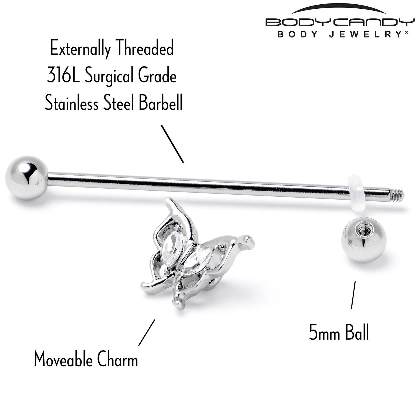 14G Clear Gem Fancy Fab Butterfly Industrial Barbell 38mm