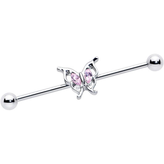 14G Pink Gem Fancy Fab Butterfly Industrial Barbell 38mm