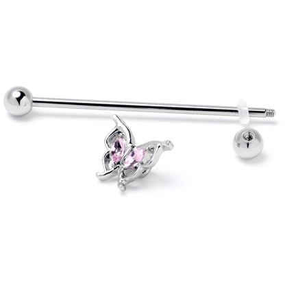 14G Pink Gem Fancy Fab Butterfly Industrial Barbell 38mm