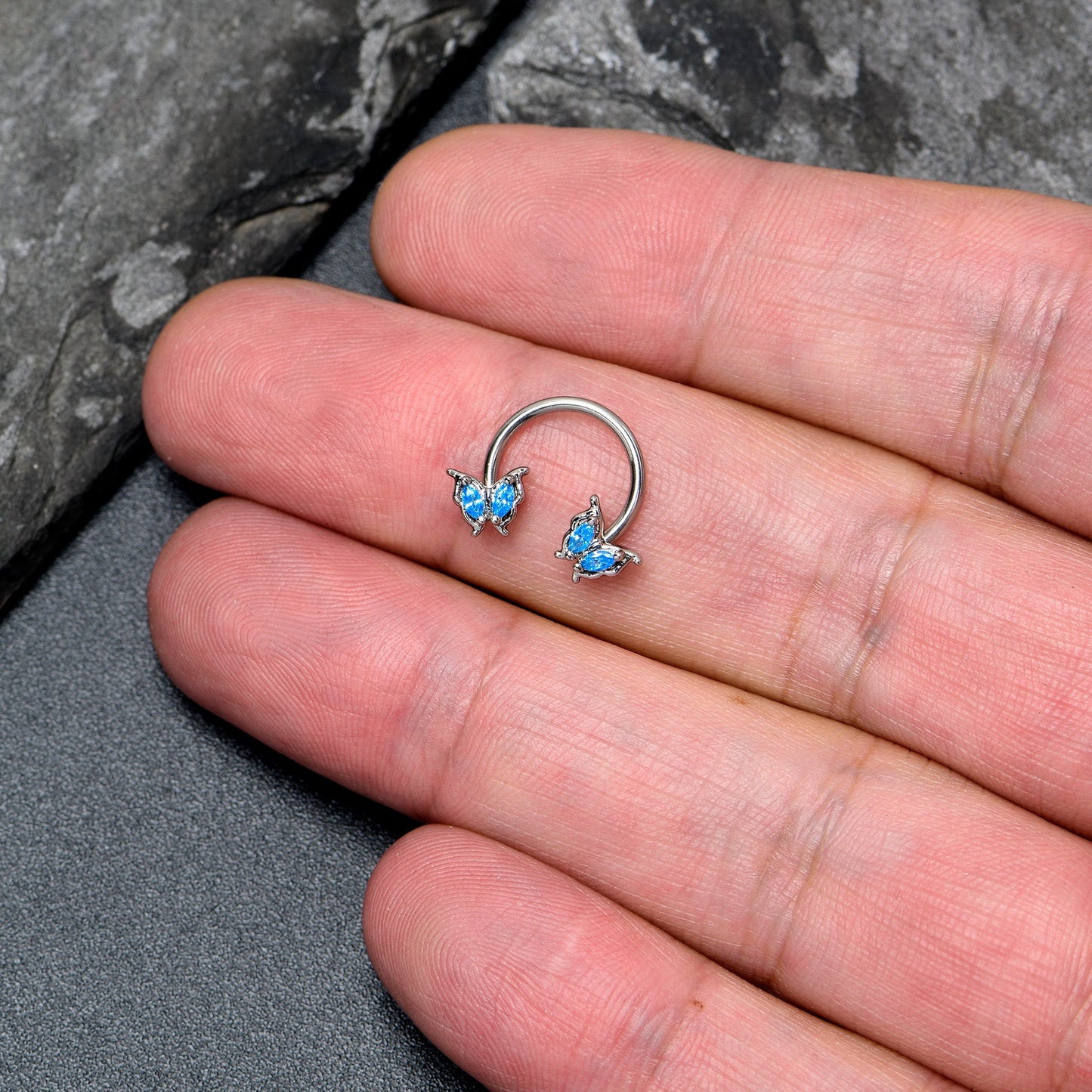 16G 3/8 Blue Gem Fancy Fab Butterfly Horseshoe Circular Barbell