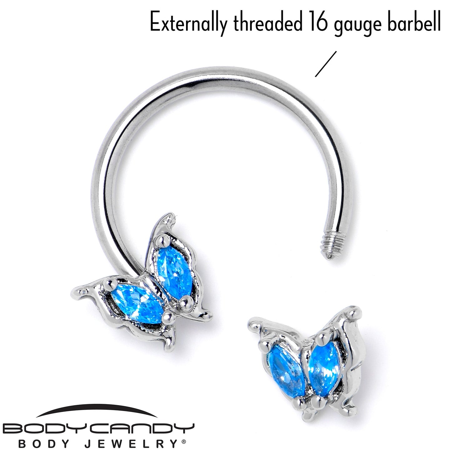 16G 3/8 Blue Gem Fancy Fab Butterfly Horseshoe Circular Barbell