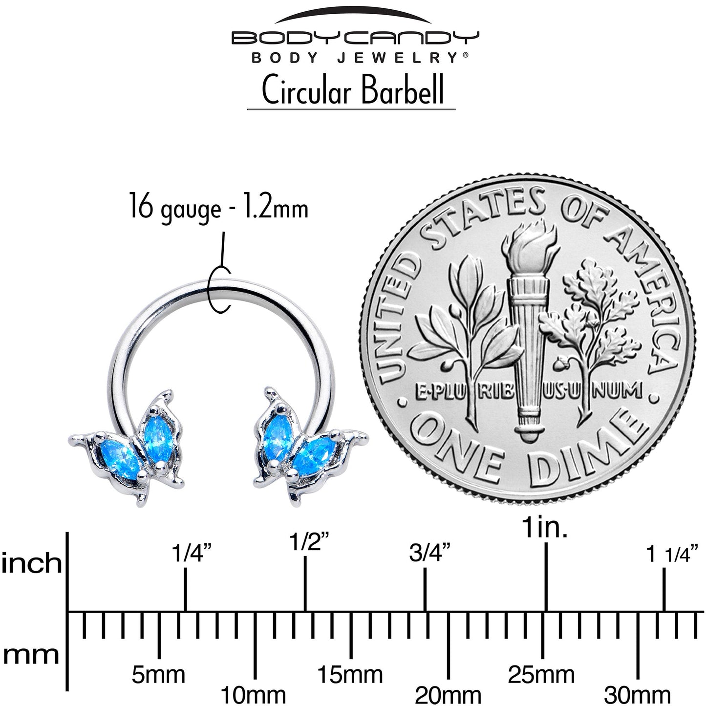 16G 3/8 Blue Gem Fancy Fab Butterfly Horseshoe Circular Barbell