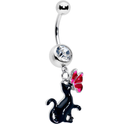 Clear Gem Butterfly Black Cat Dangle Belly Ring