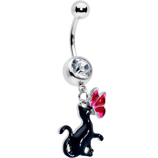 Clear Gem Butterfly Black Cat Dangle Belly Ring