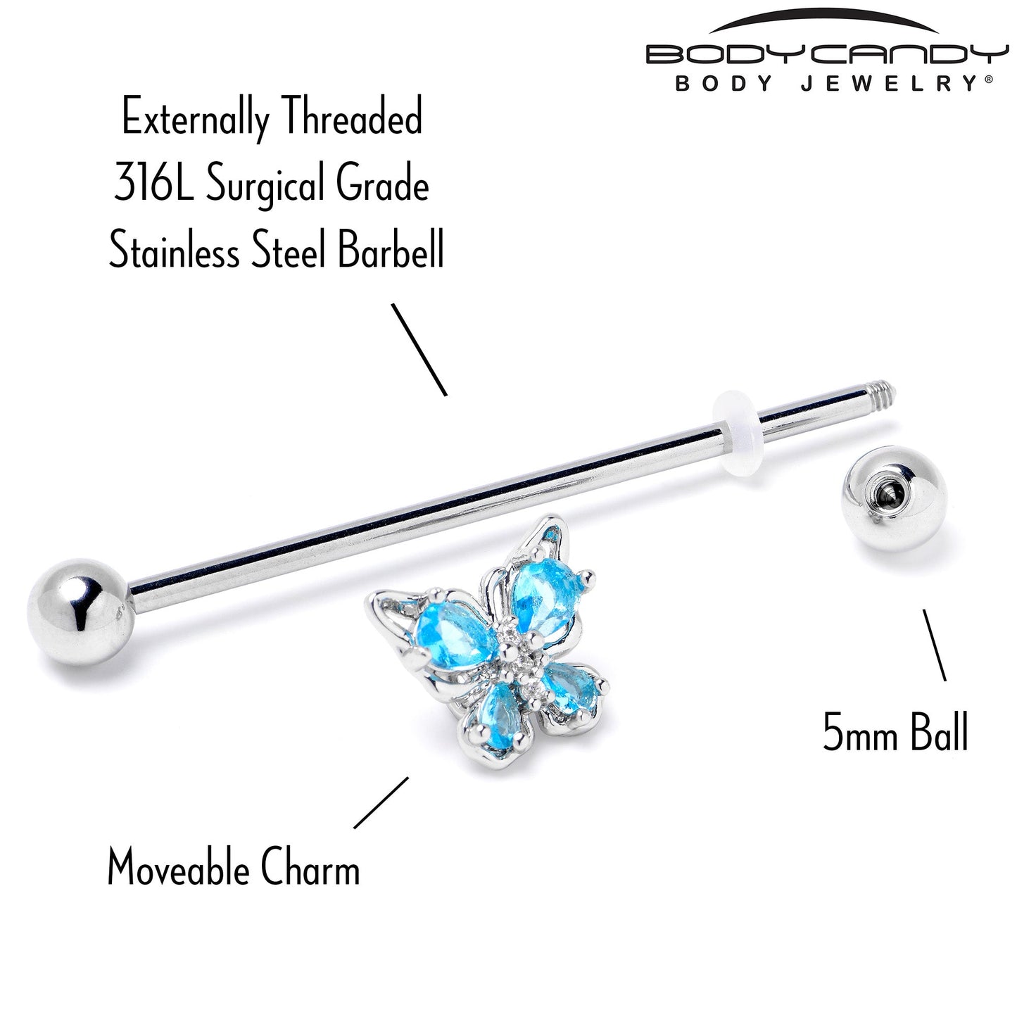 14G Blue Gem Baroque Beauty Butterfly Industrial Barbell 38mm