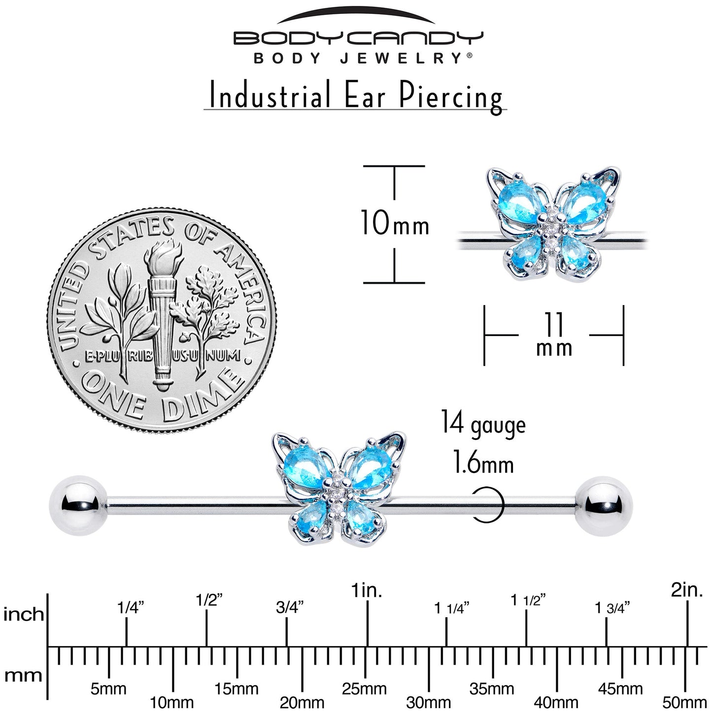 14G Blue Gem Baroque Beauty Butterfly Industrial Barbell 38mm