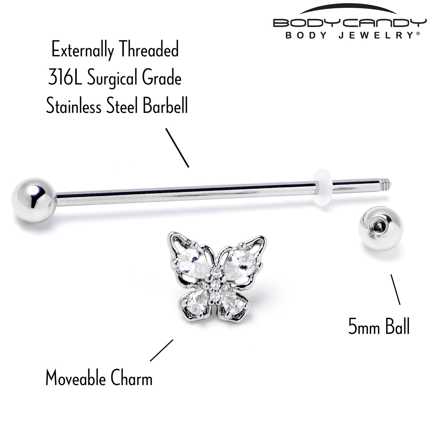14G Clear Gem Baroque Beauty Butterfly Industrial Barbell 38mm