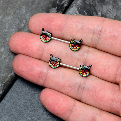 14G 9/16 Watermelon Cat Love Barbell Nipple Ring Set
