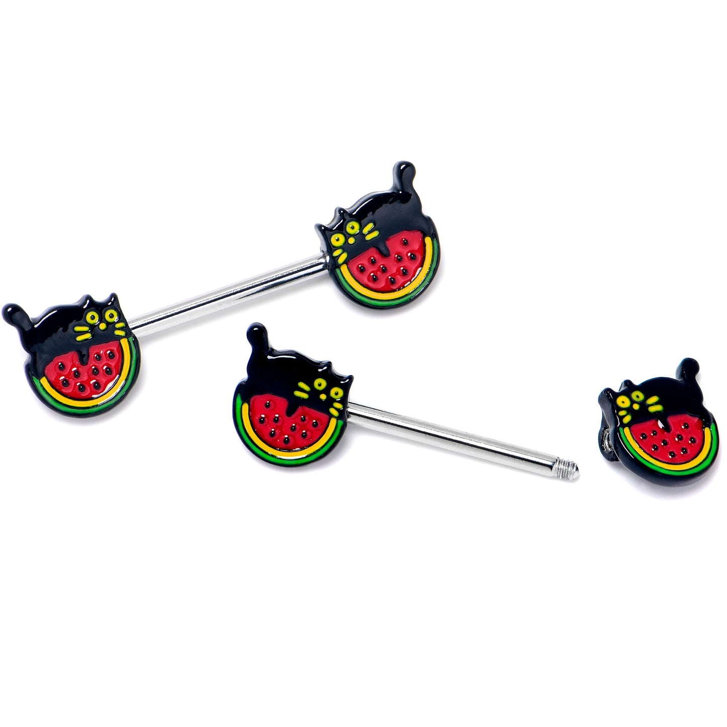 14G 9/16 Watermelon Cat Love Barbell Nipple Ring Set