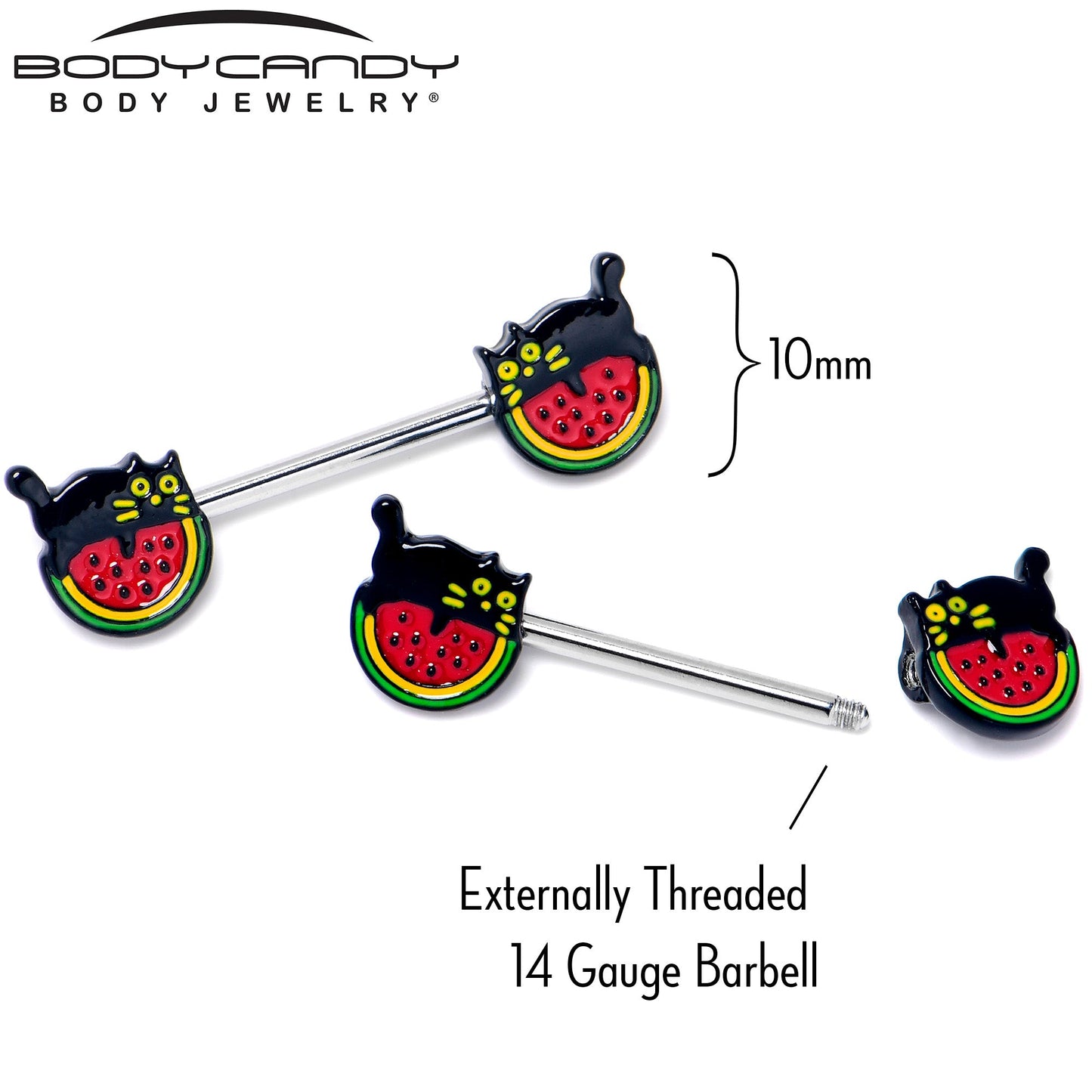 14G 9/16 Watermelon Cat Love Barbell Nipple Ring Set