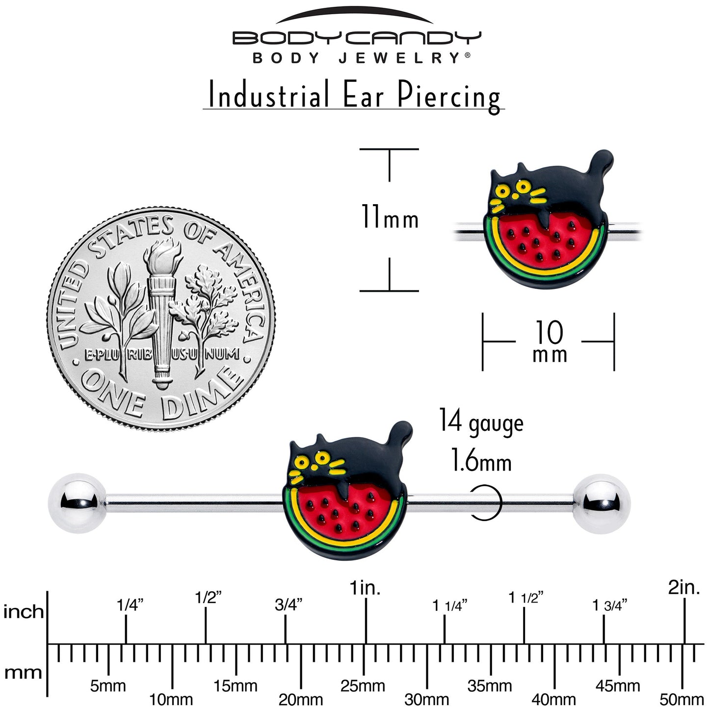 14G Watermelon Cat Love Industrial Barbell 38mm