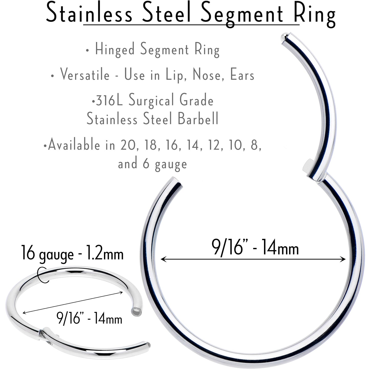 16G 9/16 316L Surgical Steel Precision Hinged Segment Hoop