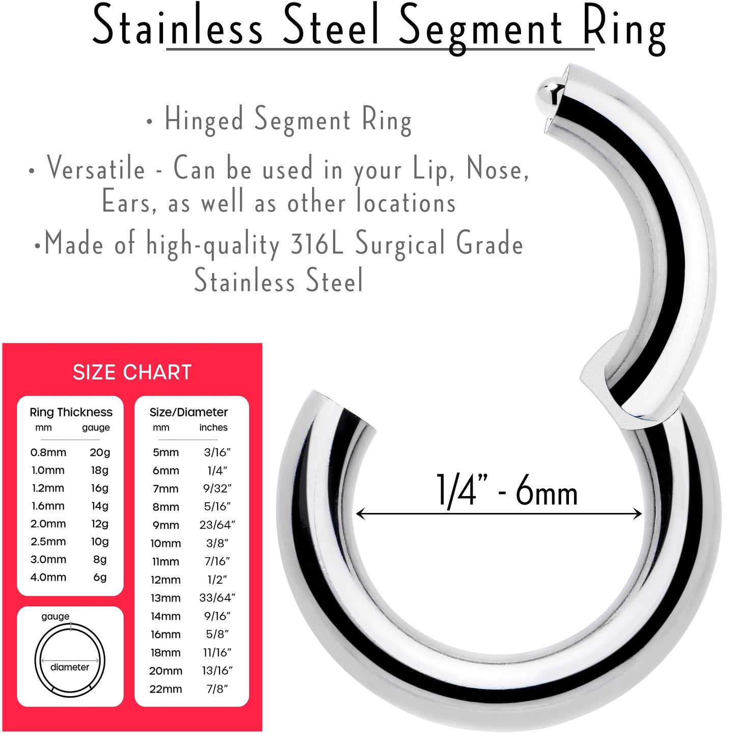 14G 1/4 316L Surgical Steel Precision Hinged Segment Hoop