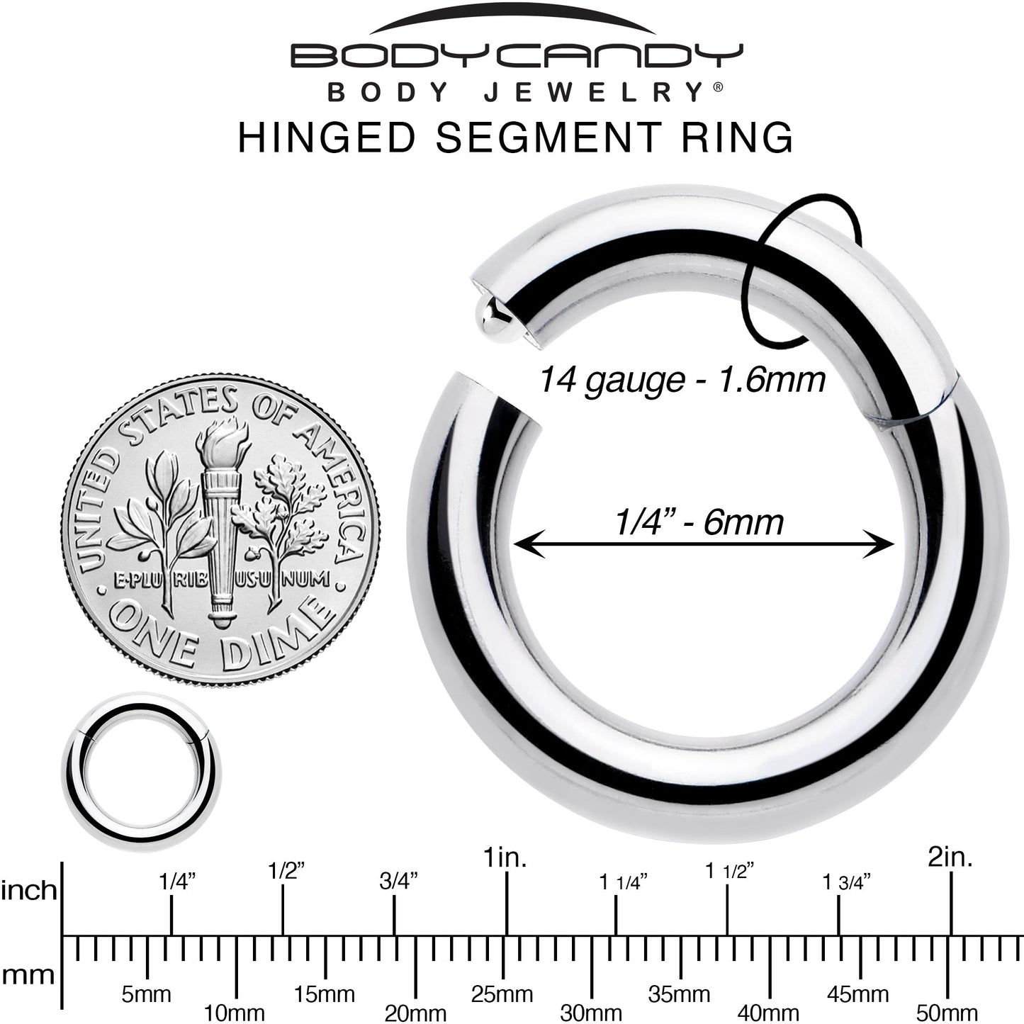 14G 1/4 316L Surgical Steel Precision Hinged Segment Hoop
