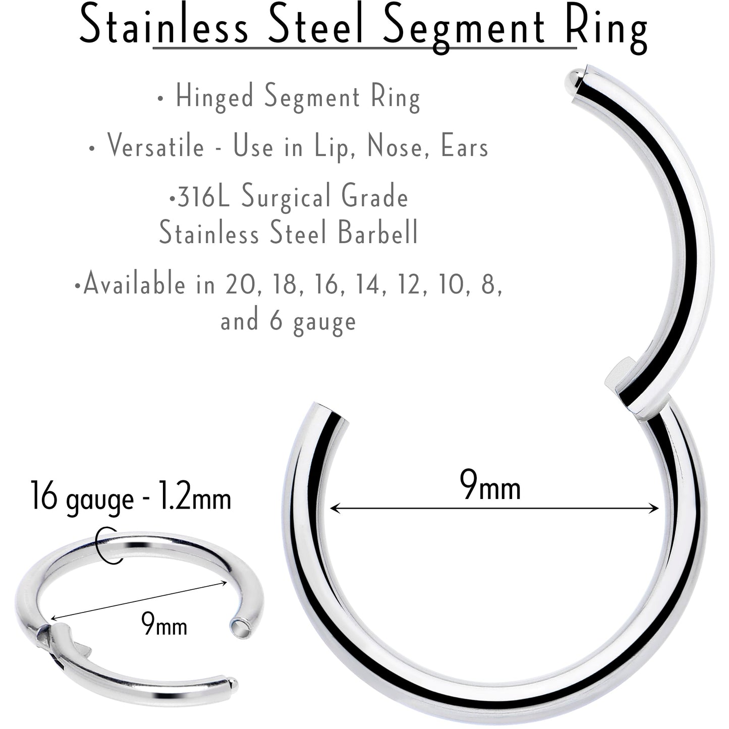 16G 9mm 316L Surgical Steel Precision Hinged Segment Hoop