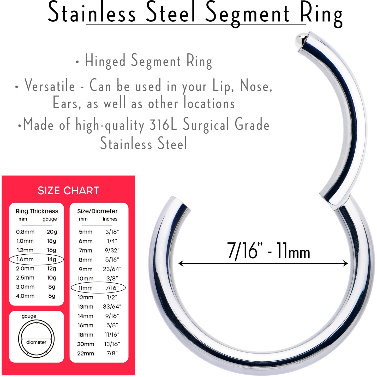 14G 7/16 316L Surgical Steel Precision Hinged Segment Hoop