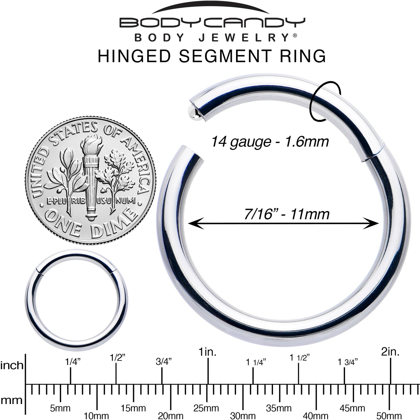 14G 7/16 316L Surgical Steel Precision Hinged Segment Hoop