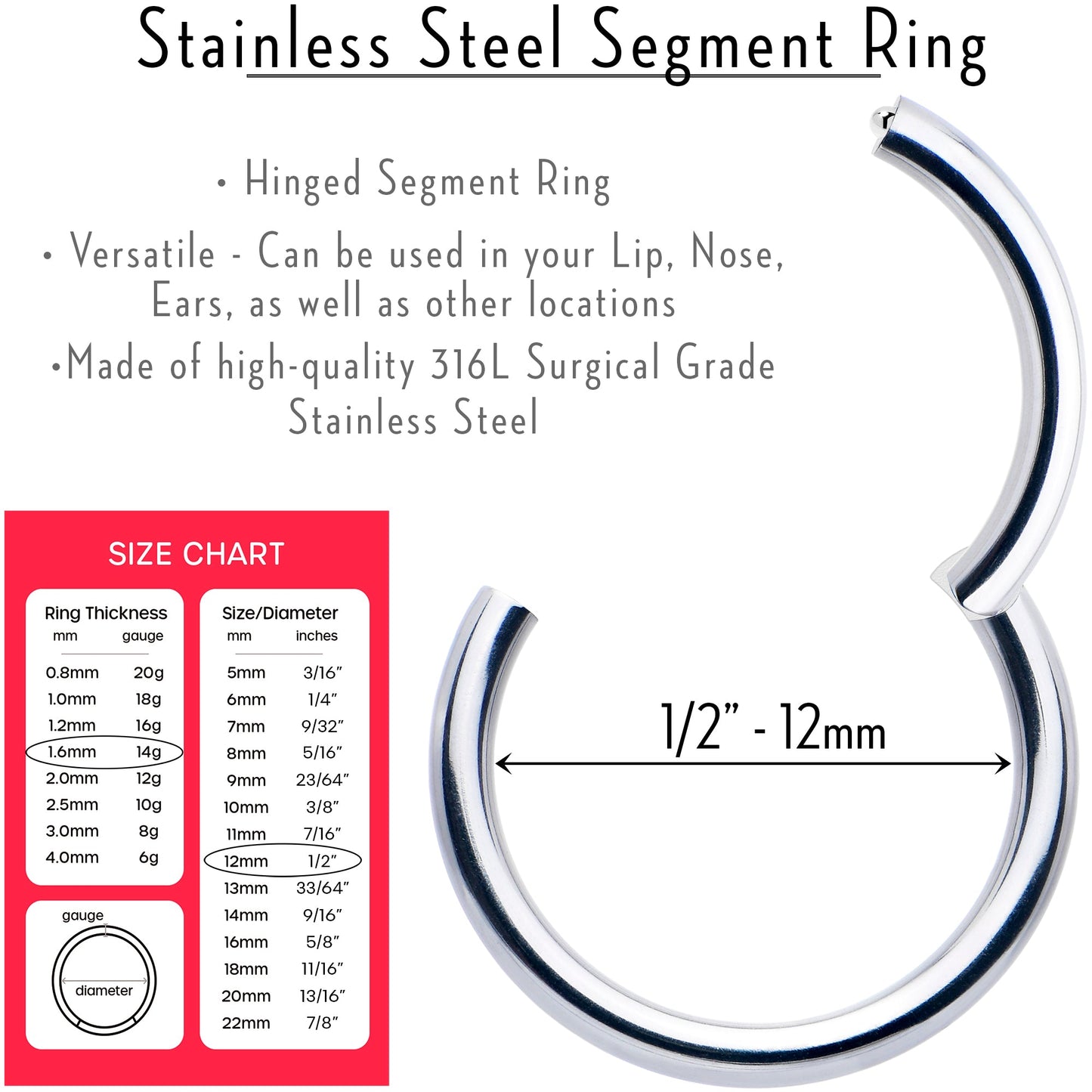 14G 1/2 316L Surgical Steel Precision Hinged Segment Hoop