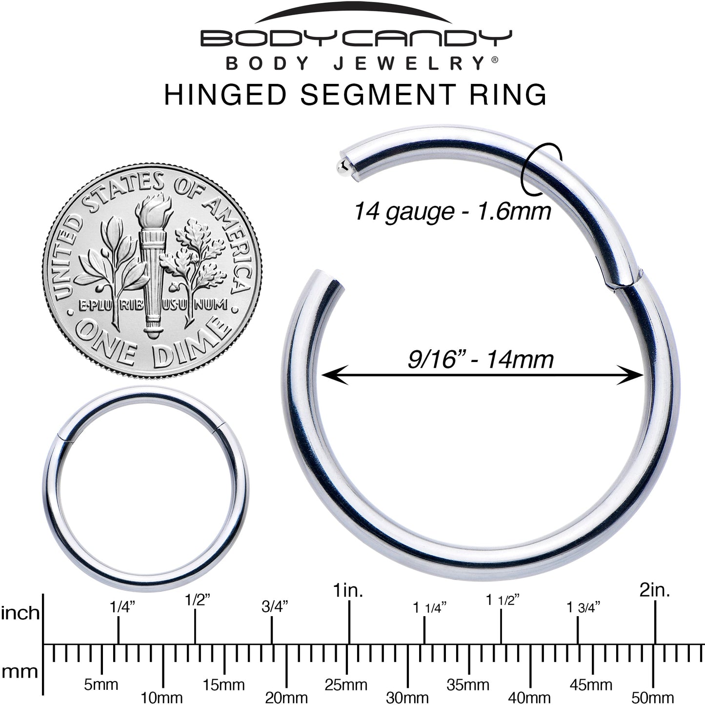 14G 9/16 316L Surgical Steel Precision Hinged Segment Hoop