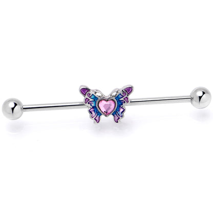 14G Pink Gem Heart Butterfly Purple Industrial Barbell 38mm