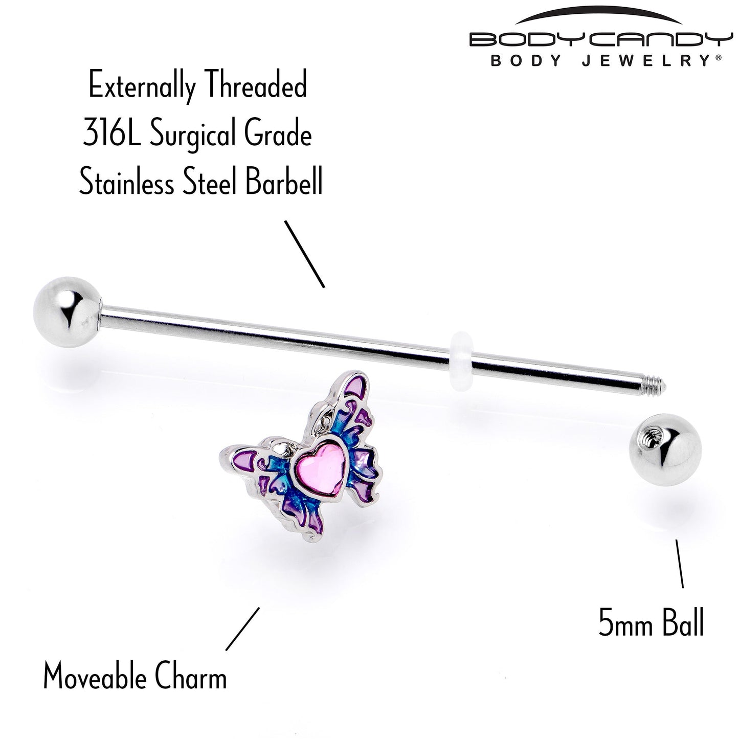 14G Pink Gem Heart Butterfly Purple Industrial Barbell 38mm